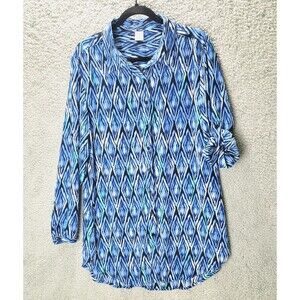 Tunic Top Womens L Blue Button Up Long Roll Tab Sleeves Collar Casual Geometric